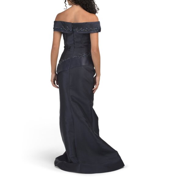 TERANI Navy Off The Shoulder Mikado Floral Gown - Picture 2 of 2